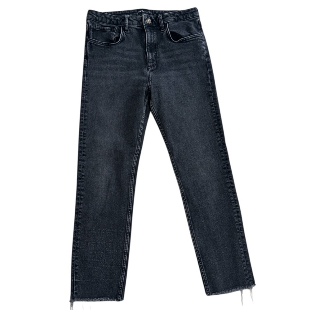 ZARA High Rise Black Wash Denim Jeans Cropped Ankle Distressed 10 Slim Gray